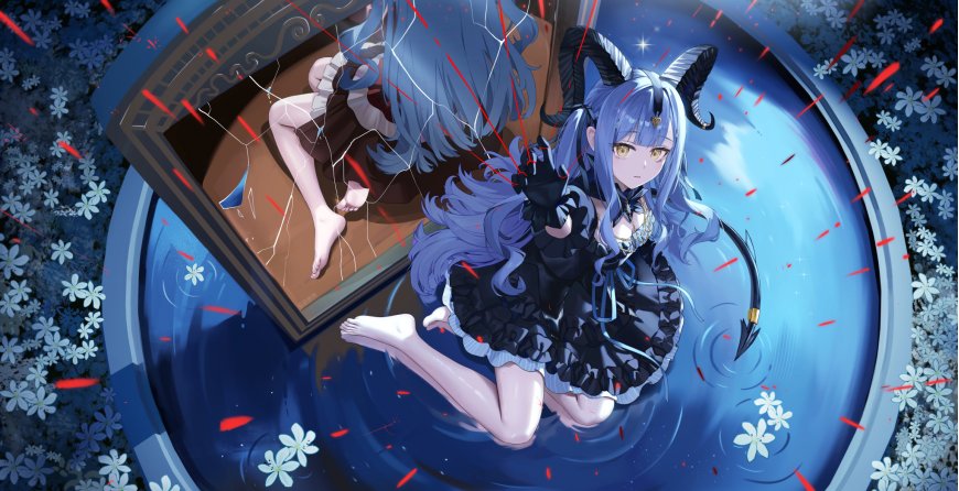 明日方舟六星术师干莫斯提马蓝发羊角黑裙少女水中浮游蓝白动漫电脑壁纸