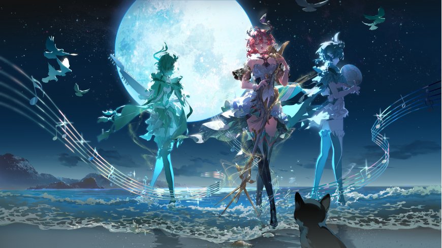 鸣潮尤诺夏空奥古斯塔月夜海滩少女游戏电脑壁纸