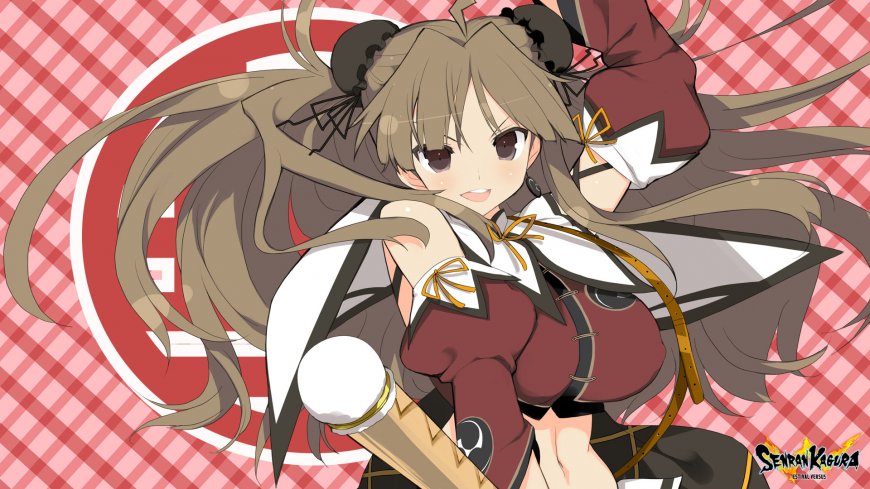 战极姬少女双马尾持杖红白格纹背景动漫电脑壁纸
