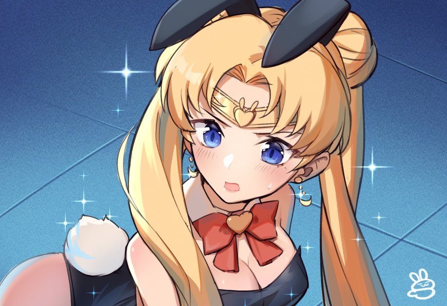 美少女战士月野兔金发蓝眼红蝴蝶结蓝背景动漫电脑壁纸