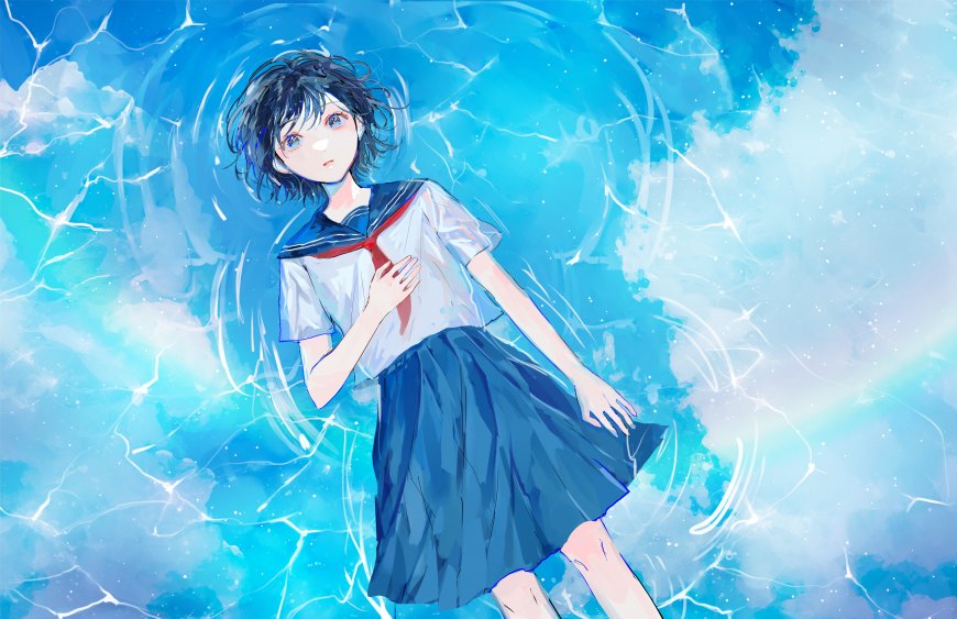 水手服少女漂浮水中蓝白梦幻动漫电脑壁纸