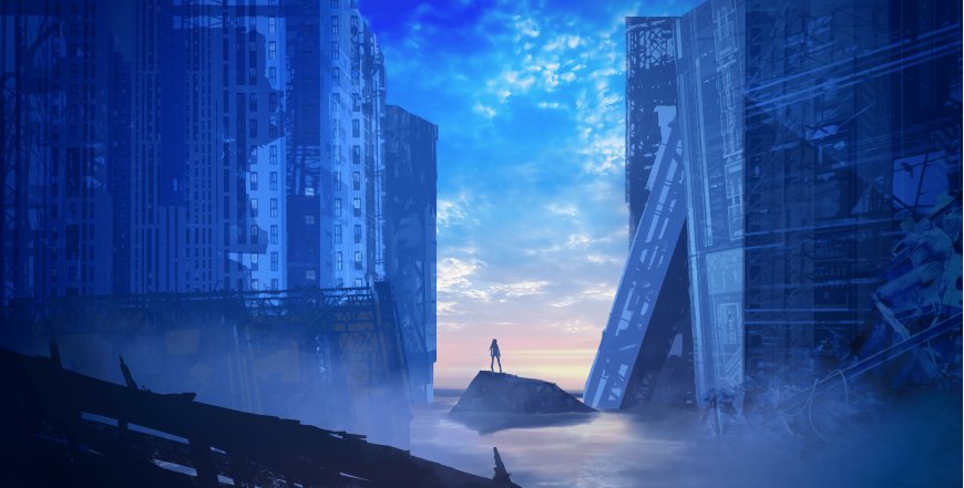 废墟城市中少女伫立孤岩蓝紫渐变科幻电脑壁纸