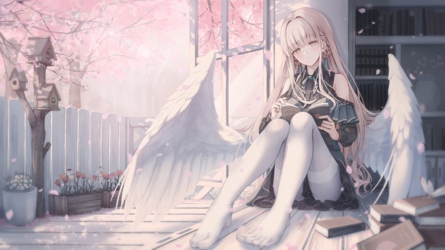 天使少女樱花窗边读书粉白唯美动漫电脑壁纸