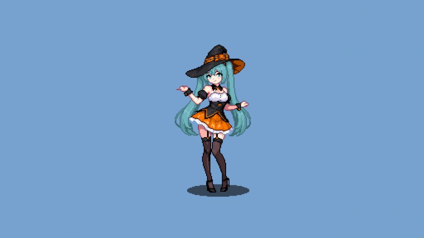 初音未来万圣节女巫装蓝发少女橙黑配色像素风动漫电脑壁纸