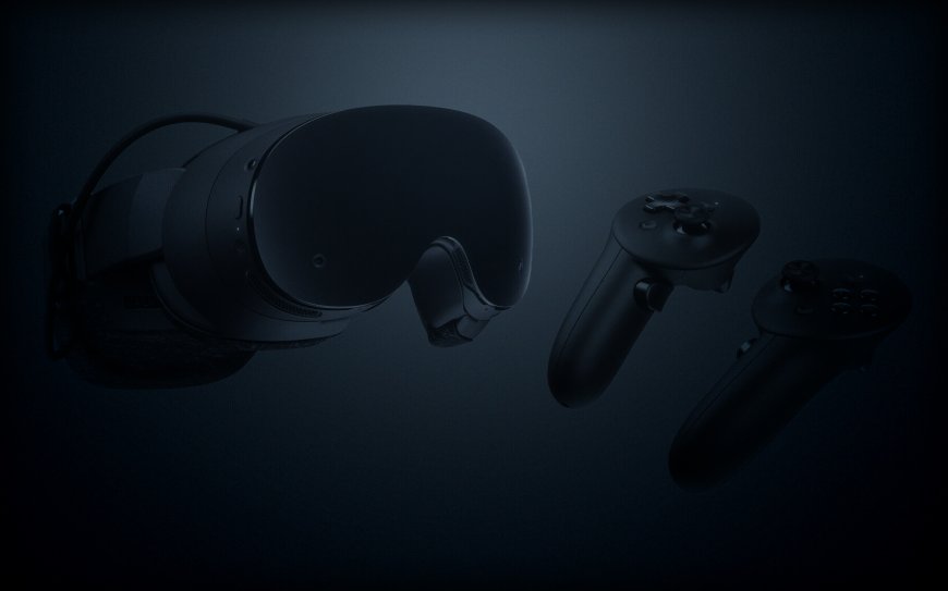 VR头显与双控制器悬浮深蓝科技感静物特写创意电脑壁纸