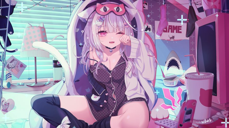 动漫少女猫耳眼罩粉紫梦幻房间二次元插画电脑壁纸