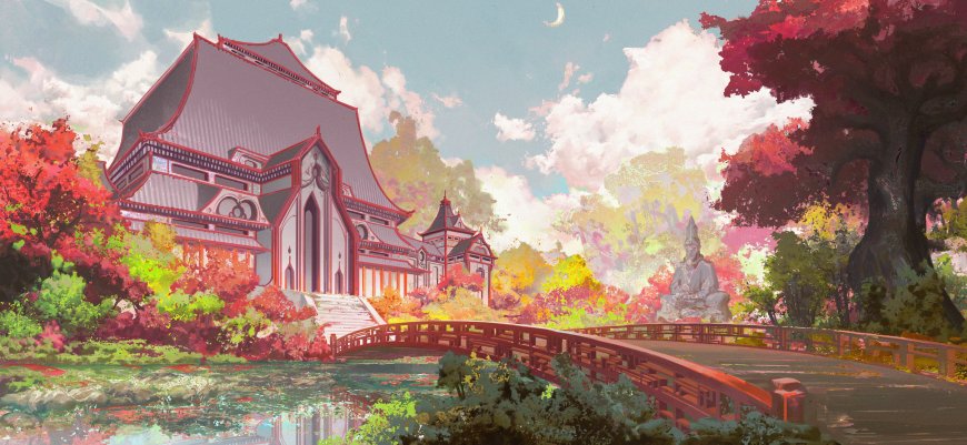 日式古寺红桥秋枫映水粉紫唯美风景动漫电脑壁纸