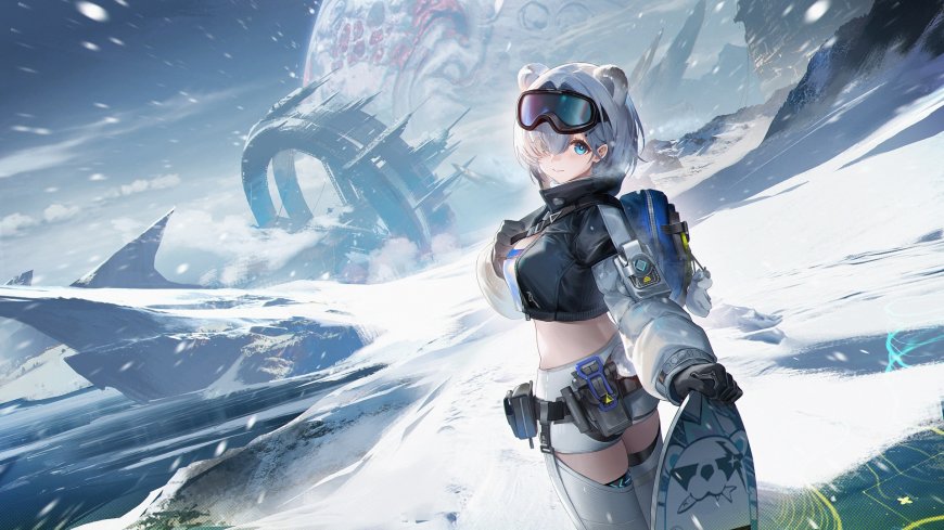 银发蓝瞳少女雪地持板科幻风蓝白动漫电脑壁纸