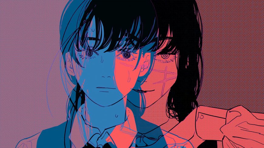 电锯人三鹰朝与夜红蓝拼色重影少女动漫电脑壁纸