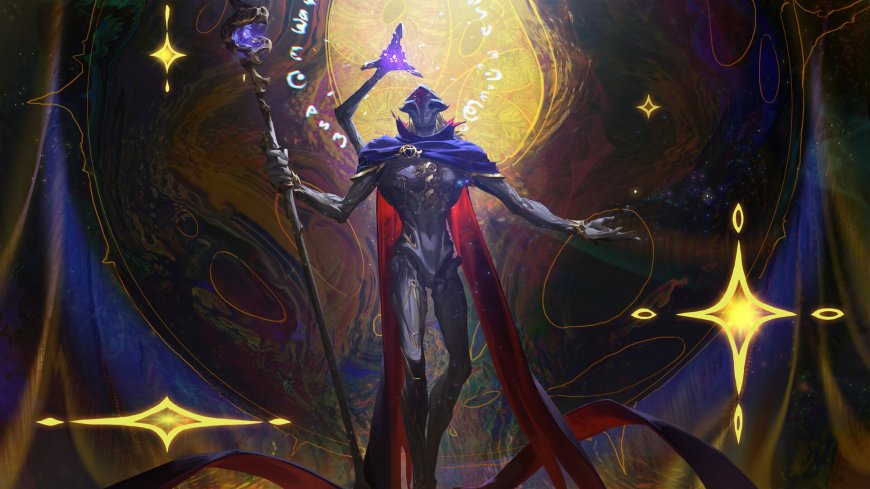 暗黑法师持杖施法紫红斗篷金芒环绕奇幻动漫电脑壁纸