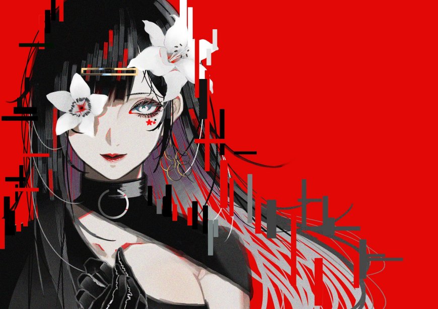 黑发白花少女红瞳星纹暗红赛博朋克动漫电脑壁纸