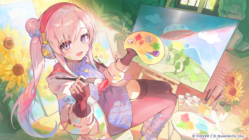 粉色双马尾少女戴耳机持画笔调色盘绘画暖彩动漫电脑壁纸
