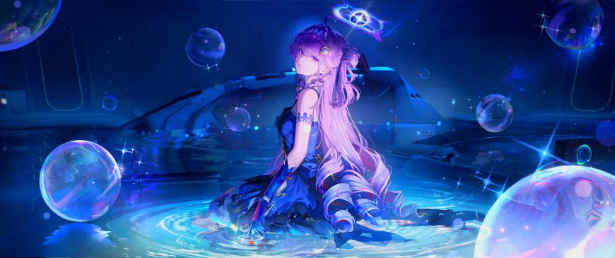 崩坏星穹铁道符华紫发蓝裙坐姿星空泡泡蓝紫动漫电脑壁纸