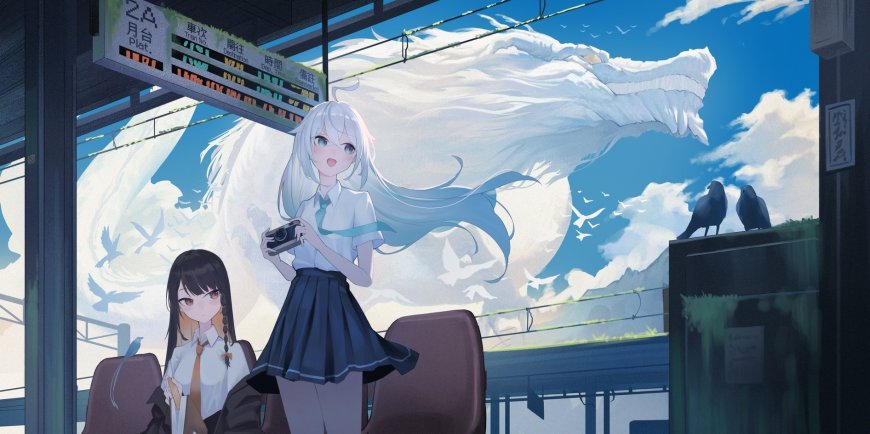 车站少女白发蓝裙持相机蓝天白云动漫电脑壁纸