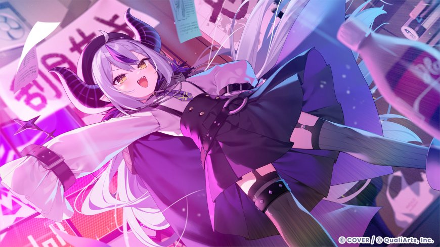 百鬼绫目紫发牛角少女张开双臂粉紫动漫电脑壁纸