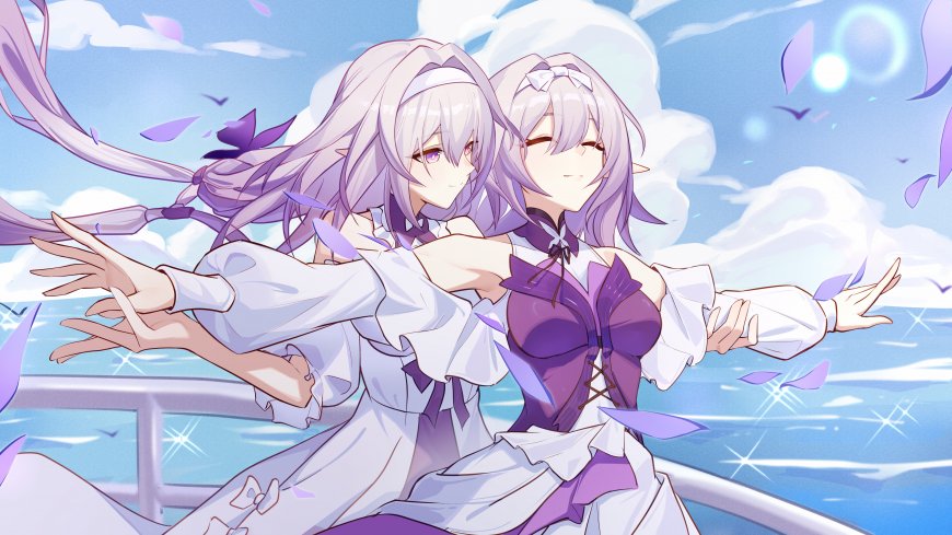 崩坏3紫发双子少女海边张开双臂动漫电脑壁纸