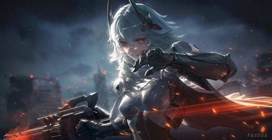 白发角饰少女雨夜持枪战斗帅气动漫电脑壁纸