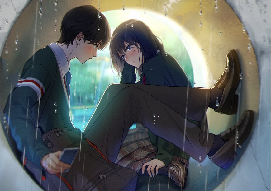 校园雨中少男少女对视青涩氛围蓝绿动漫电脑壁纸