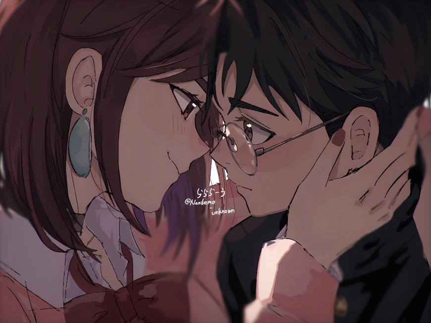棕发少女眼镜少年深情对视暖色动漫电脑壁纸