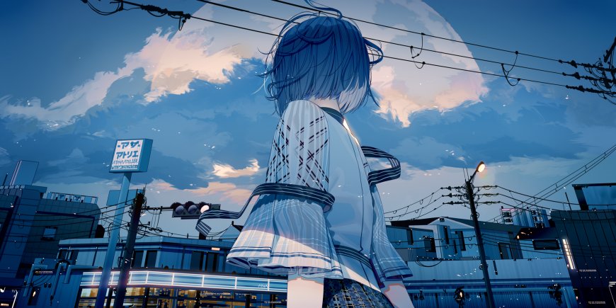蓝发少女背影城市街景蓝白动漫电脑壁纸