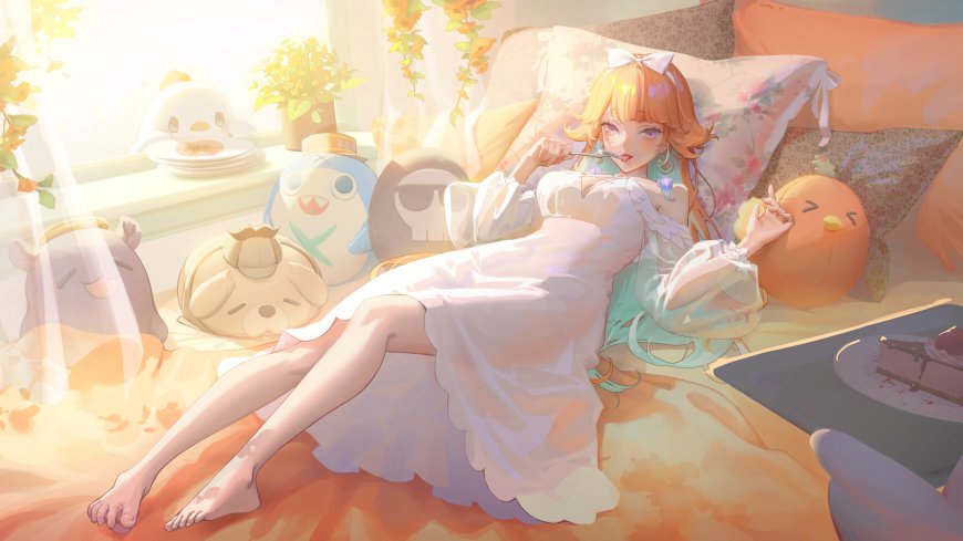 橙发少女睡裙床上玩偶温馨阳光动漫电脑壁纸