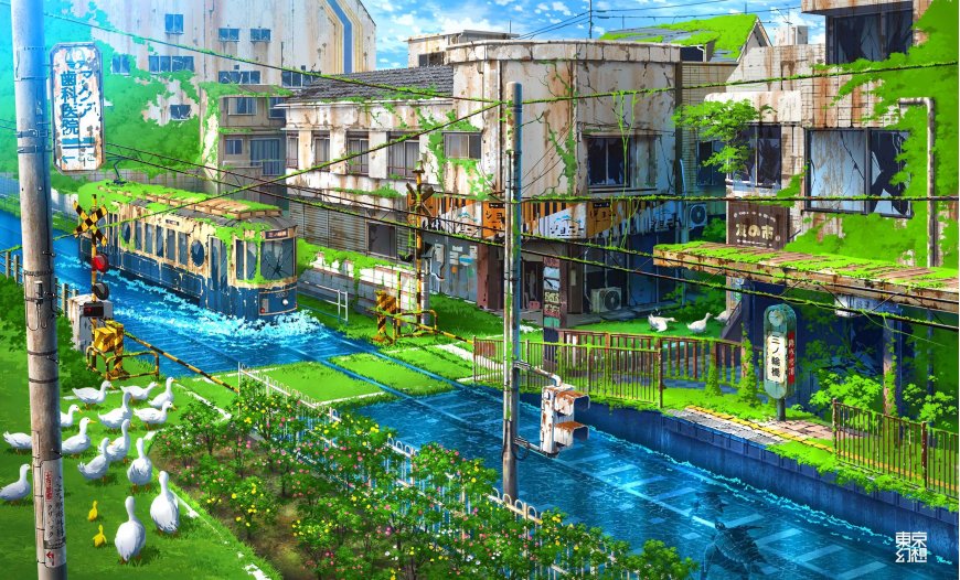废弃电车穿行绿意水道青苔覆旧楼日式废墟风插画创意电脑壁纸