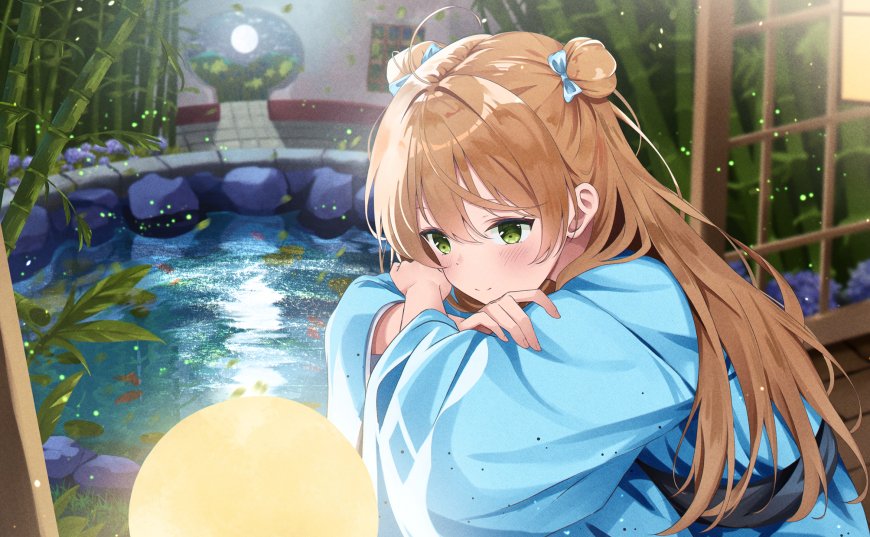 动漫少女金发绿眸蓝衣倚栏庭院夜景粉紫唯美电脑壁纸
