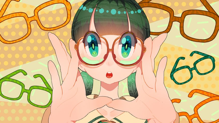 戴眼镜绿发少女双手托镜惊讶表情黄点背景动漫电脑壁纸