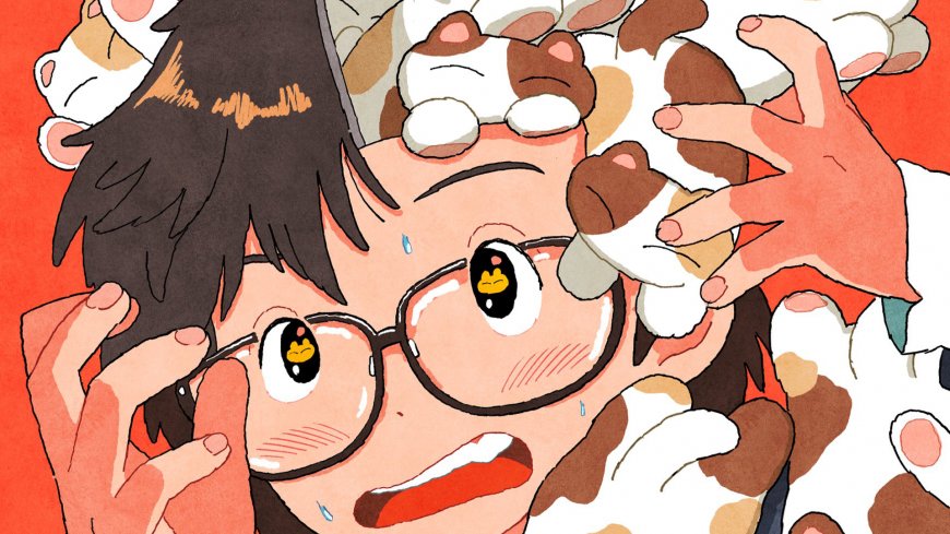 戴眼镜黑发少女被多只招财猫包围惊慌表情橙红动漫电脑壁纸