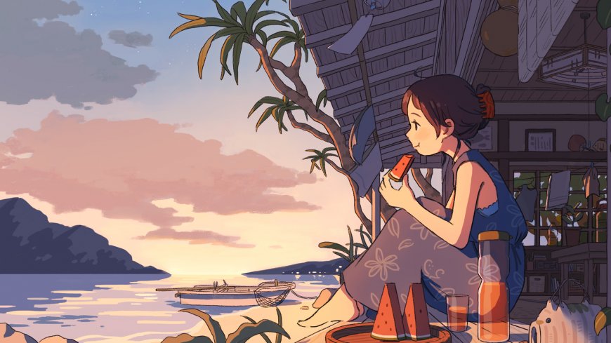 海边小屋少女吃西瓜粉紫黄昏动漫电脑壁纸