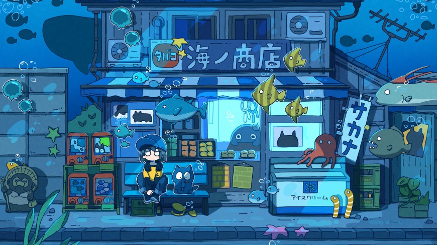 海底商店街少女与猫咪坐蓝调奇幻动漫电脑壁纸