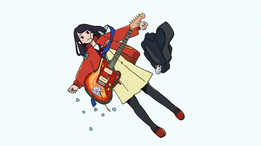 摇滚少女手持电吉他跃动红黄配色动漫电脑壁纸