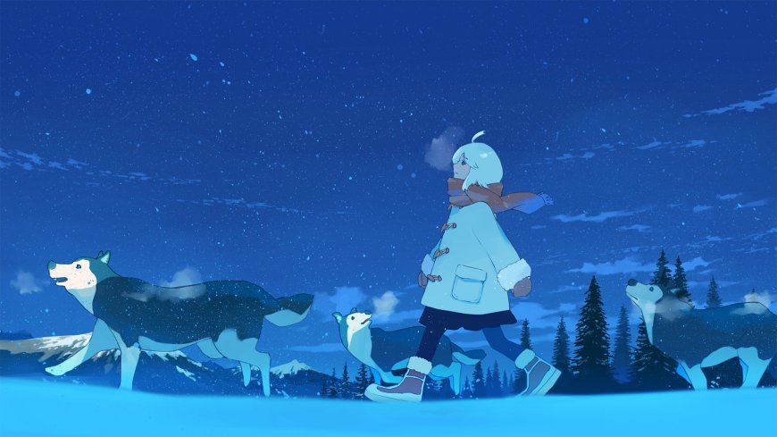 少女雪夜漫步三犬相伴蓝紫动漫电脑壁纸