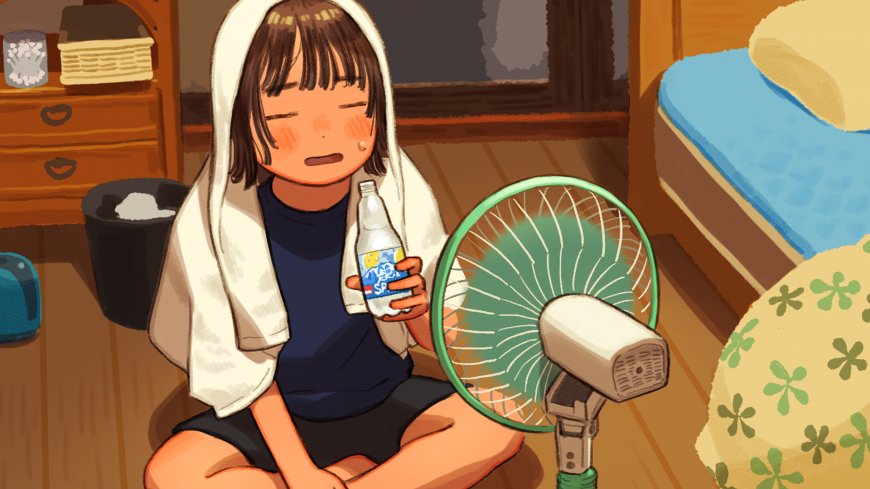 手绘插画夏日吹电风扇汽水短发少女创意动漫电脑壁纸