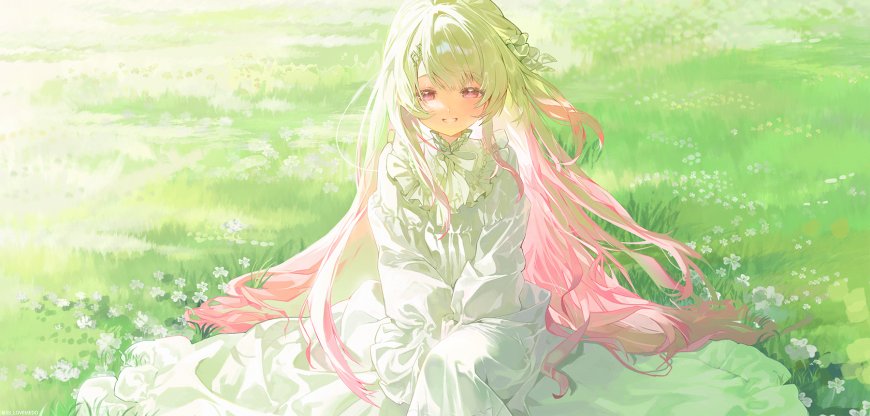 绿发粉梢少女白裙坐花田清新唯美动漫电脑壁纸