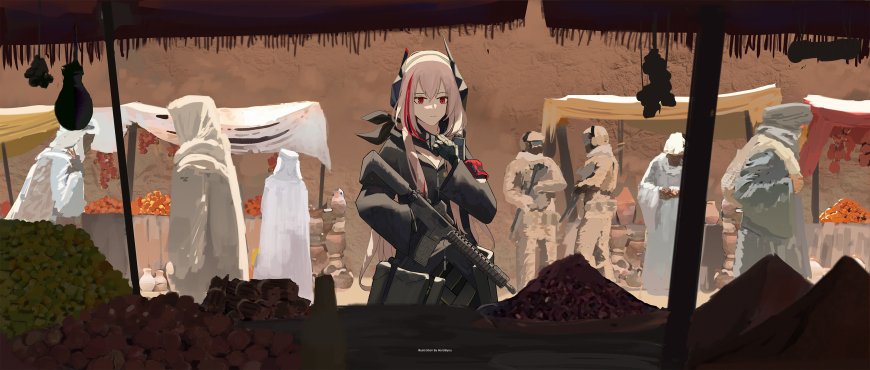 少女持枪站立市集背景粉灰动漫电脑壁纸