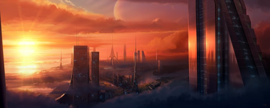未来都市高楼林立云海之上橙红霞光科幻电脑壁纸