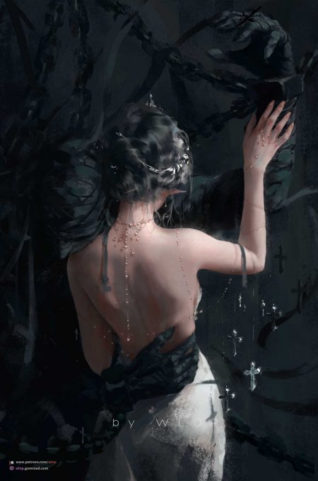 暗黑系精灵少女背影佩戴珠链与荆棘冠冕灰黑奇幻插画手机壁纸