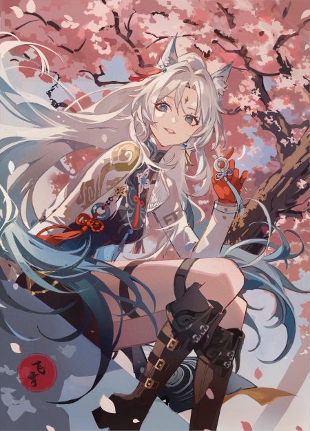 白发狐耳少女樱花背景优雅坐姿动漫手机壁纸