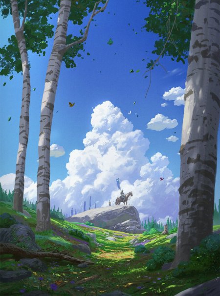 白桦林间骑士远眺云山绿野蓝白风景动漫手机壁纸