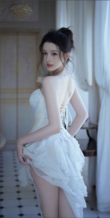 白裙高马尾美女回眸浅笑纯白人物摄影手机壁纸