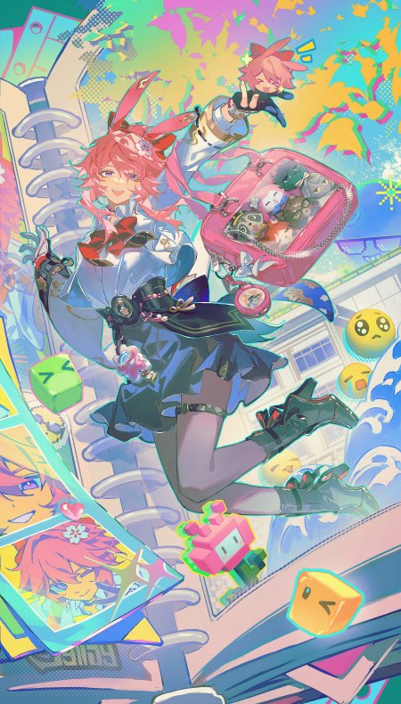 崩坏星穹铁道三月七粉发兔耳少女跃动霓虹幻彩动漫手机壁纸