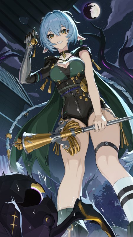 崩铁蓝发精灵少女月夜持武器动漫手机壁纸