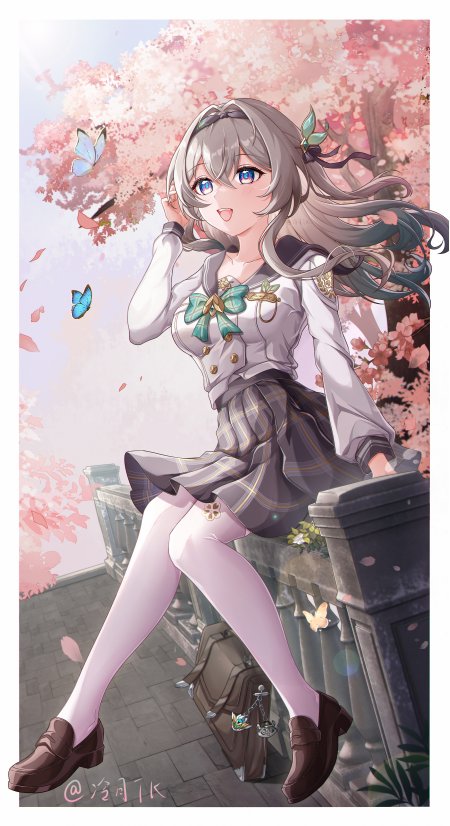 崩铁流萤樱花树下少女微笑蓝眸粉紫动漫手机壁纸