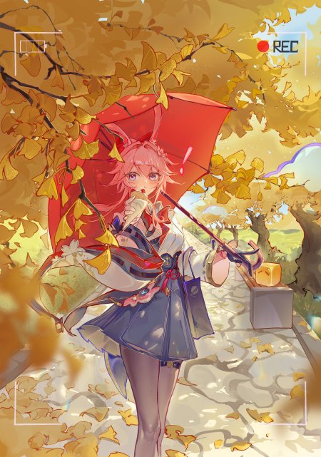 崩铁三月七粉发少女红伞银杏秋景手机壁纸
