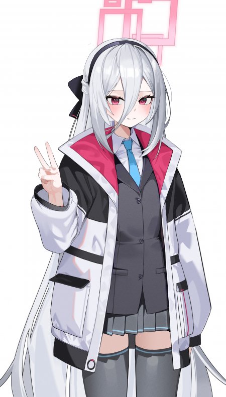 碧蓝档案银发少女比耶微笑粉白动漫手机壁纸