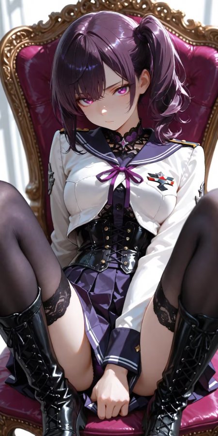 碧蓝档案早濑优香紫发双马尾少女坐姿华丽制服暗紫动漫手机壁纸