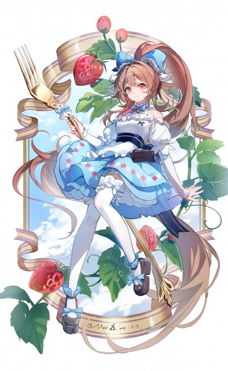 草莓主题蓝白洛丽塔少女手持金叉坐姿动漫手机壁纸