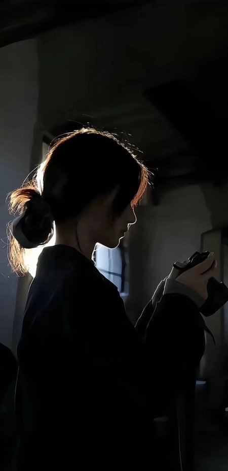侧影少女低首持物暖光剪影人物摄影手机壁纸