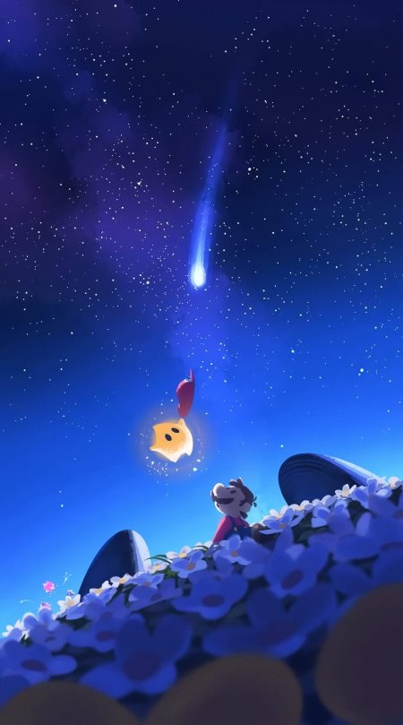 超级马里奥路易吉仰望流星蓝紫星空动漫手机壁纸